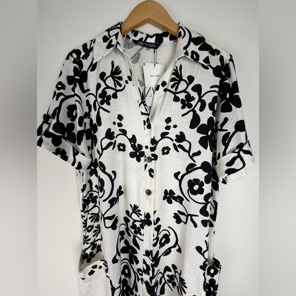 Linen Blend Zara Shirt Dress Minimalist Black White Print Button Down Pockets XL - Picture 7 of 16